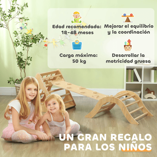 AIYAPLAY Triângulo de Escalar de Madeira 8 em 1 Jogo de Aprendizagem para Crianças de 18-48 Meses com Rampa Escada em Forma de Arco e Bolsa de Areia 175x59,5x60 cm Madeira
