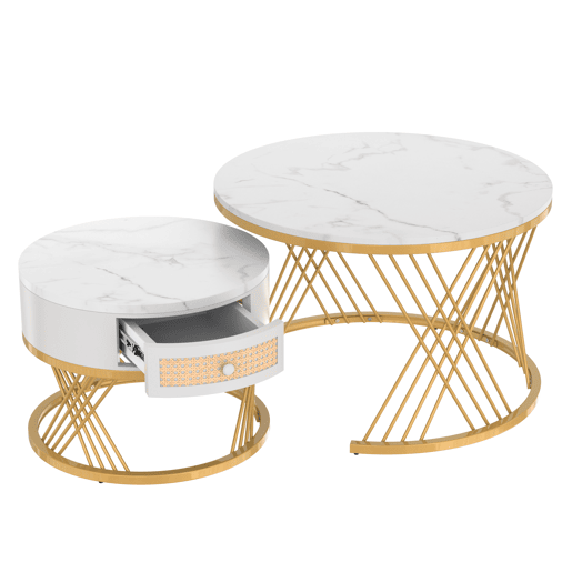 Conjunto de 2 mesas de centro redondas de MDF com 1 gaveta,branco Conjunto de 2 mesas de centro redondas de MDF com 1 gaveta,branco