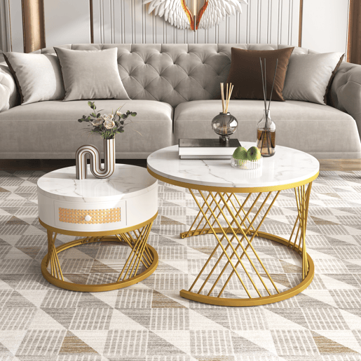 Conjunto de 2 mesas de centro redondas de MDF com 1 gaveta,branco Conjunto de 2 mesas de centro redondas de MDF com 1 gaveta,branco