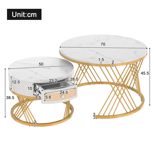 Conjunto de 2 mesas de centro redondas de MDF com 1 gaveta,branco Conjunto de 2 mesas de centro redondas de MDF com 1 gaveta,branco