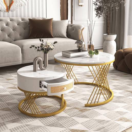 Conjunto de 2 mesas de centro redondas de MDF com 1 gaveta,branco Conjunto de 2 mesas de centro redondas de MDF com 1 gaveta,branco