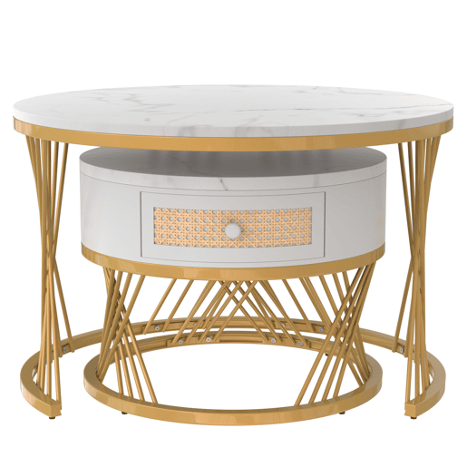 Conjunto de 2 mesas de centro redondas de MDF com 1 gaveta,branco Conjunto de 2 mesas de centro redondas de MDF com 1 gaveta,branco