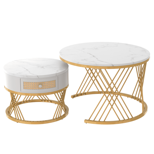 Conjunto de 2 mesas de centro redondas de MDF com 1 gaveta,branco Conjunto de 2 mesas de centro redondas de MDF com 1 gaveta,branco