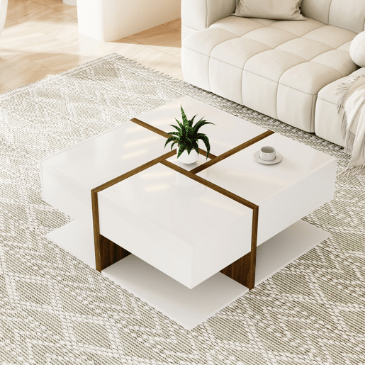 Mesa de centro quadrada de painel de partÃculas com 4 gavetas,branco Mesa de centro quadrada de painel de partÃculas com 4 gavetas,branco