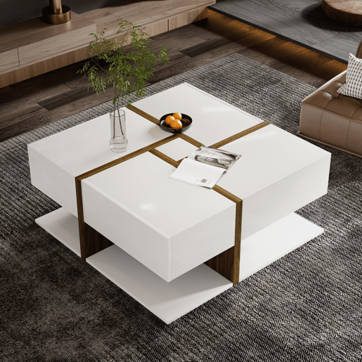 Mesa de centro quadrada de painel de partÃculas com 4 gavetas,branco Mesa de centro quadrada de painel de partÃculas com 4 gavetas,branco