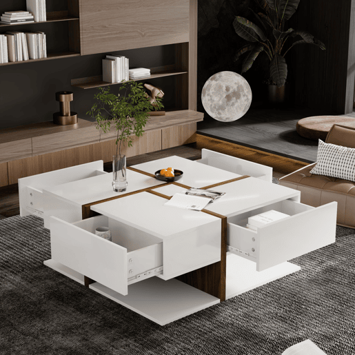 Mesa de centro quadrada de painel de partÃculas com 4 gavetas,branco Mesa de centro quadrada de painel de partÃculas com 4 gavetas,branco