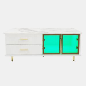 Mesa de centro retangular de painel de partículas com 2 portas e 2 gavetas,branco