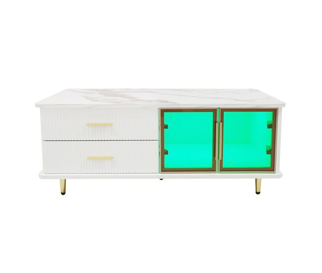 Mesa de centro rectangular de panel de partículas con 2 puertas y 2 cajones,blanco