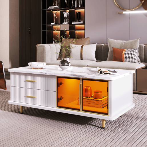 Mesa de centro retangular de painel de partÃculas com 2 portas e 2 gavetas,branco Mesa de centro retangular de painel de partÃculas com 2 portas e 2 gavetas,branco
