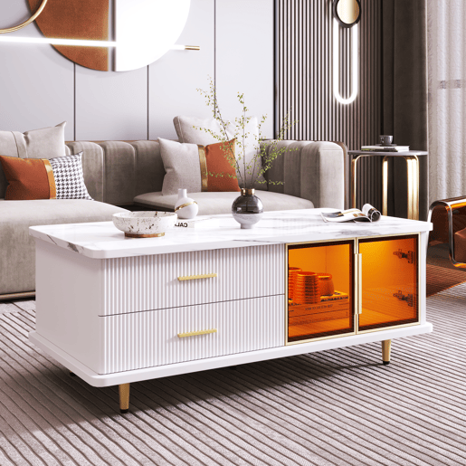 Mesa de centro retangular de painel de partÃculas com 2 portas e 2 gavetas,branco Mesa de centro retangular de painel de partÃculas com 2 portas e 2 gavetas,branco