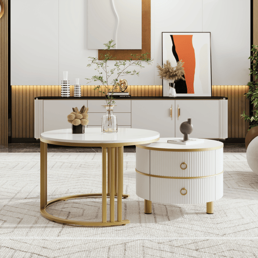 Conjunto de 2 mesas de centro redondas de MDF com 2 gavetas,branco Conjunto de 2 mesas de centro redondas de MDF com 2 gavetas,branco