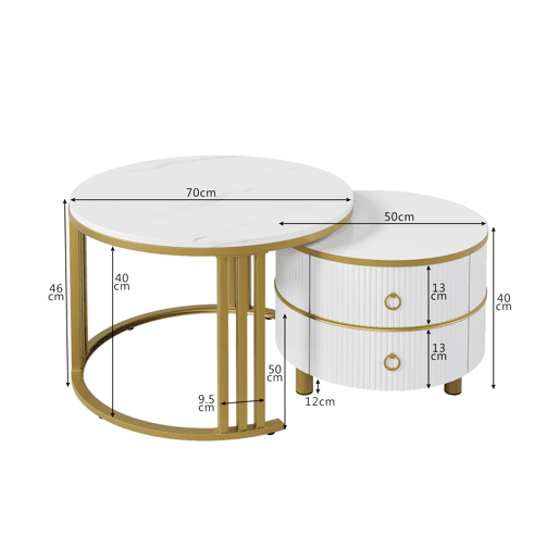 Conjunto de 2 mesas de centro redondas de MDF com 2 gavetas,branco Conjunto de 2 mesas de centro redondas de MDF com 2 gavetas,branco