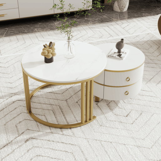 Conjunto de 2 mesas de centro redondas de MDF com 2 gavetas,branco Conjunto de 2 mesas de centro redondas de MDF com 2 gavetas,branco