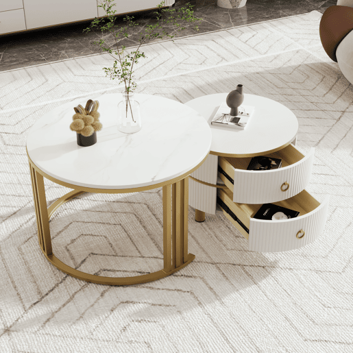 Conjunto de 2 mesas de centro redondas de MDF com 2 gavetas,branco Conjunto de 2 mesas de centro redondas de MDF com 2 gavetas,branco