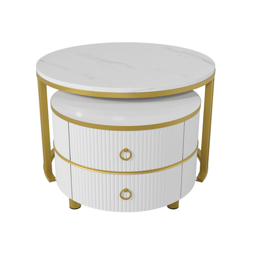 Conjunto de 2 mesas de centro redondas de MDF com 2 gavetas,branco Conjunto de 2 mesas de centro redondas de MDF com 2 gavetas,branco