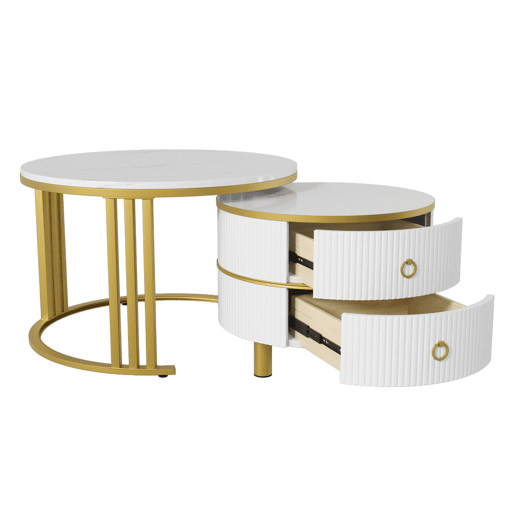 Conjunto de 2 mesas de centro redondas de MDF com 2 gavetas,branco Conjunto de 2 mesas de centro redondas de MDF com 2 gavetas,branco