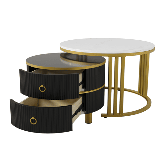 Conjunto de 2 mesas de centro redondas de MDF com 2 gavetas,branco+preto Conjunto de 2 mesas de centro redondas de MDF com 2 gavetas,branco+preto