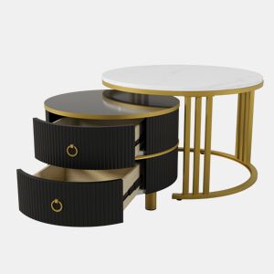 Conjunto de 2 mesas de centro redondas de MDF com 2 gavetas,branco+preto