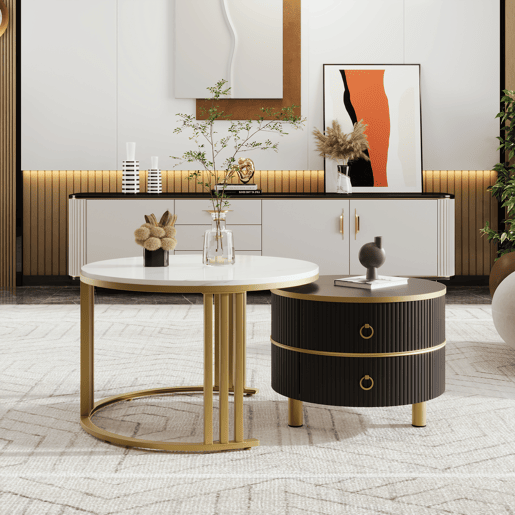 Conjunto de 2 mesas de centro redondas de MDF com 2 gavetas,branco+preto Conjunto de 2 mesas de centro redondas de MDF com 2 gavetas,branco+preto