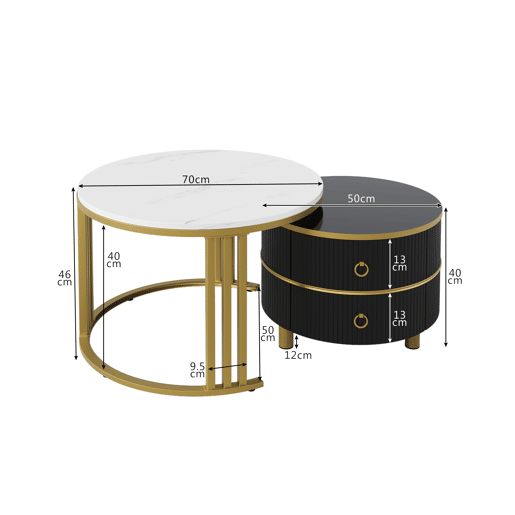 Conjunto de 2 mesas de centro redondas de MDF com 2 gavetas,branco+preto Conjunto de 2 mesas de centro redondas de MDF com 2 gavetas,branco+preto