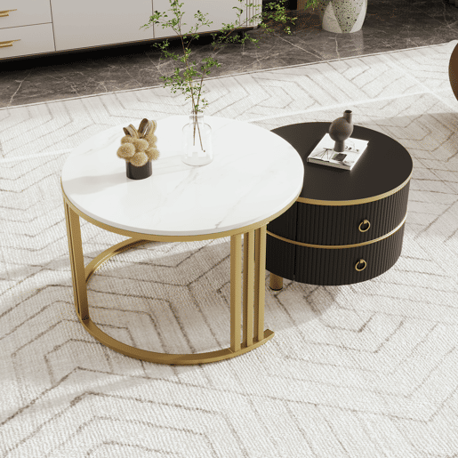 Conjunto de 2 mesas de centro redondas de MDF com 2 gavetas,branco+preto Conjunto de 2 mesas de centro redondas de MDF com 2 gavetas,branco+preto