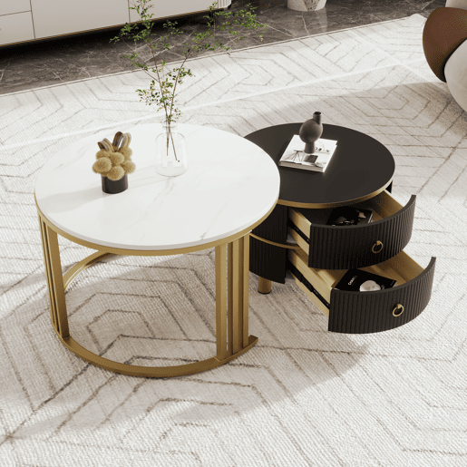 Conjunto de 2 mesas de centro redondas de MDF com 2 gavetas,branco+preto Conjunto de 2 mesas de centro redondas de MDF com 2 gavetas,branco+preto