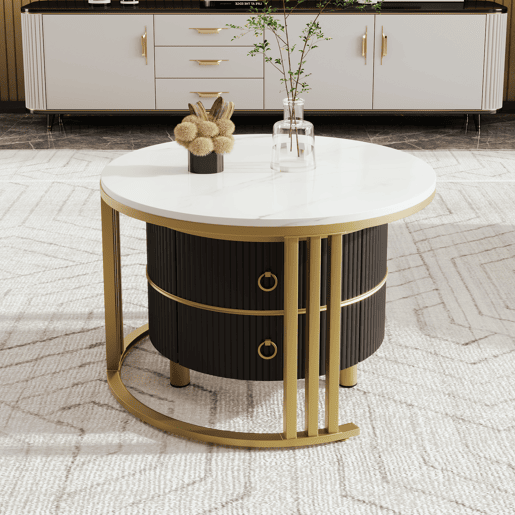Conjunto de 2 mesas de centro redondas de MDF com 2 gavetas,branco+preto Conjunto de 2 mesas de centro redondas de MDF com 2 gavetas,branco+preto