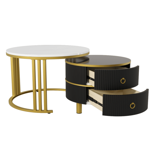 Conjunto de 2 mesas de centro redondas de MDF com 2 gavetas,branco+preto Conjunto de 2 mesas de centro redondas de MDF com 2 gavetas,branco+preto