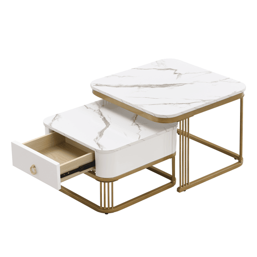 Conjunto de 2 mesas de centro quadradas de MDF com 1 gaveta,branco+dourado