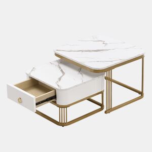 Conjunto de 2 mesas de centro quadradas de MDF com 1 gaveta,branco+dourado