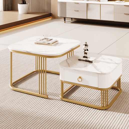 Conjunto de 2 mesas de centro quadradas de MDF com 1 gaveta,branco+dourado