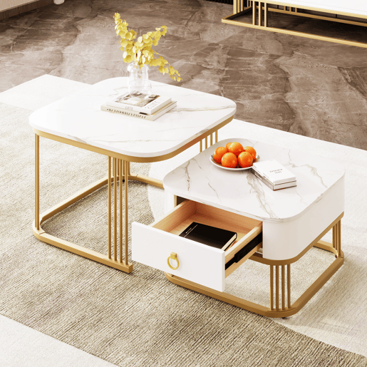 Conjunto de 2 mesas de centro quadradas de MDF com 1 gaveta,branco+dourado