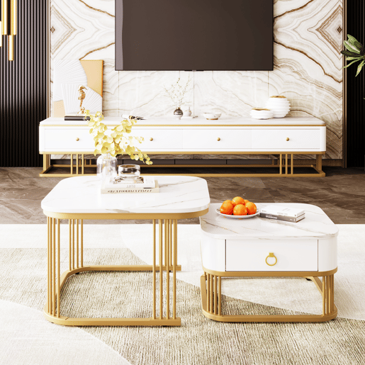 Conjunto de 2 mesas de centro quadradas de MDF com 1 gaveta,branco+dourado