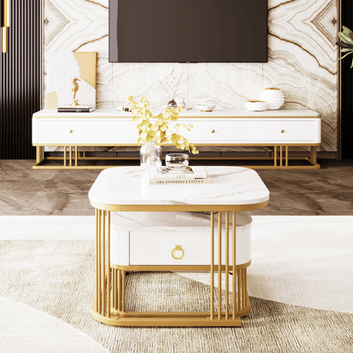 Conjunto de 2 mesas de centro quadradas de MDF com 1 gaveta,branco+dourado