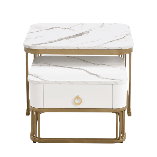 Conjunto de 2 mesas de centro quadradas de MDF com 1 gaveta,branco+dourado