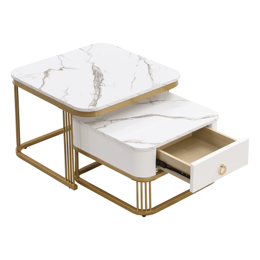 Conjunto de 2 mesas de centro quadradas de MDF com 1 gaveta,branco+dourado