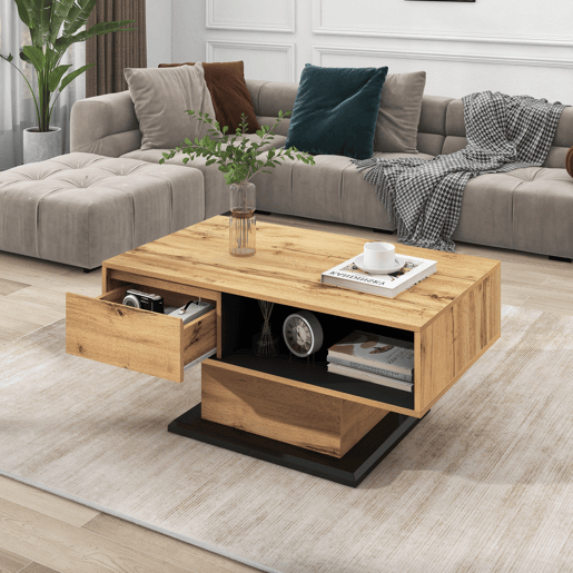 Mesa de centro retangular de painel de partículas com 1 gaveta,natural