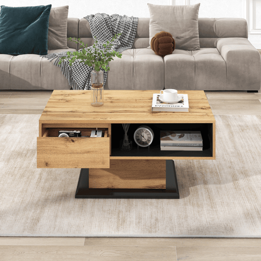 Mesa de centro retangular de painel de partículas com 1 gaveta,natural