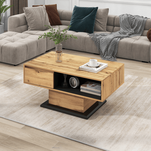 Mesa de centro retangular de painel de partículas com 1 gaveta,natural