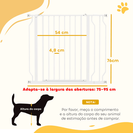 PawHut Barreira de Segurança para Cães Extensível para Escadas e Portas 75-95cm com Extensão de 10 cm Montagem a Pressão Aço Altura 76 cm Branco PawHut Barreira de Segurança para Cães Extensível para Escadas e Portas 75-95cm com Extensão de 10 cm Montagem a Pressão Aço Altura 76 cm Branco