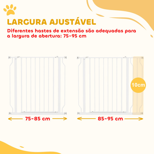 PawHut Barreira de Segurança para Cães Extensível para Escadas e Portas 75-95cm com Extensão de 10 cm Montagem a Pressão Aço Altura 76 cm Branco PawHut Barreira de Segurança para Cães Extensível para Escadas e Portas 75-95cm com Extensão de 10 cm Montagem a Pressão Aço Altura 76 cm Branco
