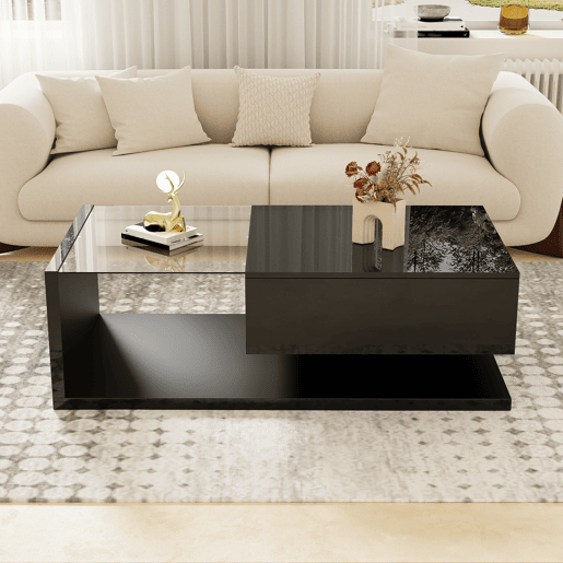 Mesa de centro retangular de placa de partículas com 1 gaveta e luz led,preto