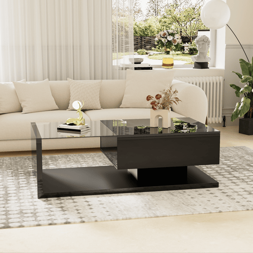 Mesa de centro retangular de placa de partículas com 1 gaveta e luz led,preto