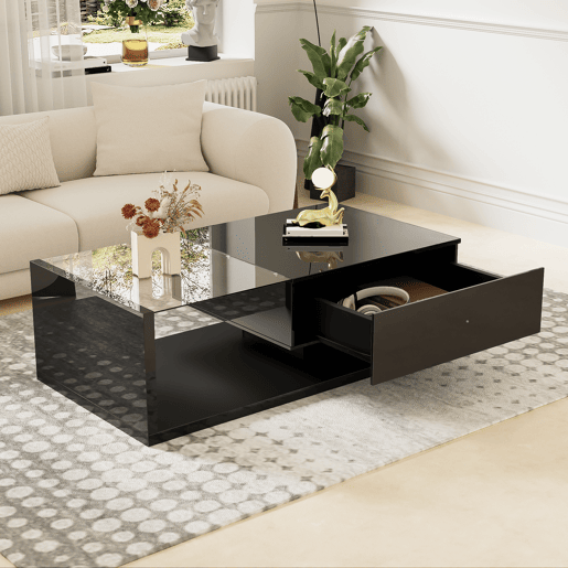 Mesa de centro retangular de placa de partículas com 1 gaveta e luz led,preto