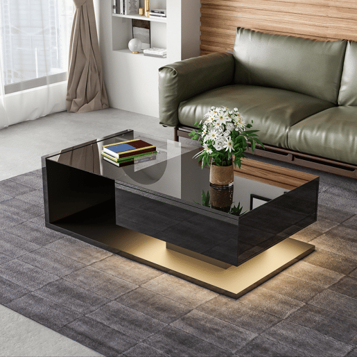 Mesa de centro retangular de placa de partículas com 1 gaveta e luz led,preto