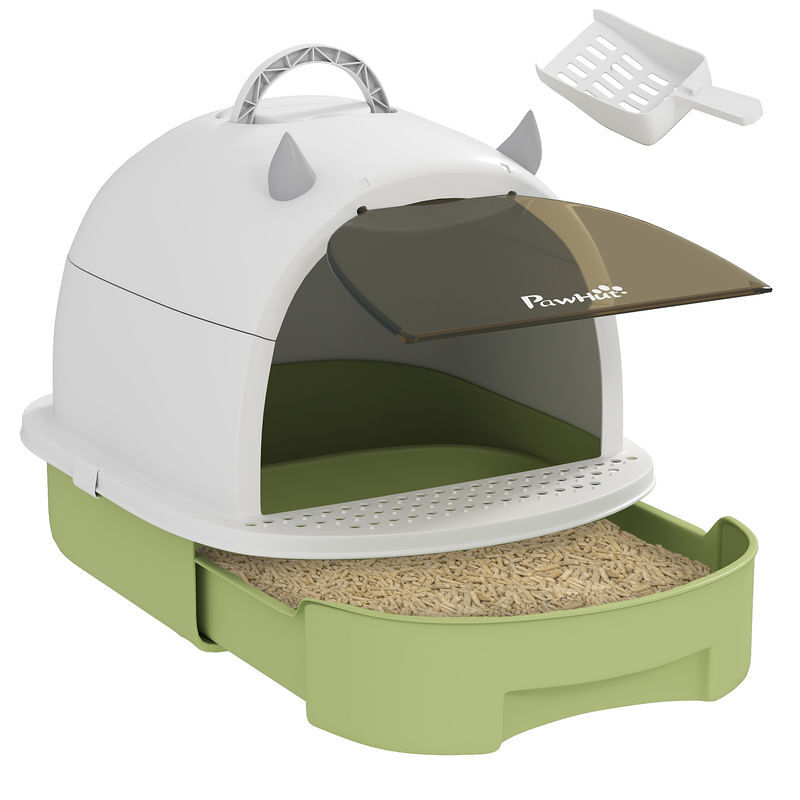 Pawhut arenero para gatos cubierto caja de arena para gatos arenero cerrado con tapa removible bandeja extraíble filtro de carbono pala y asa superior 40,5x52x39 cm blanco y verde