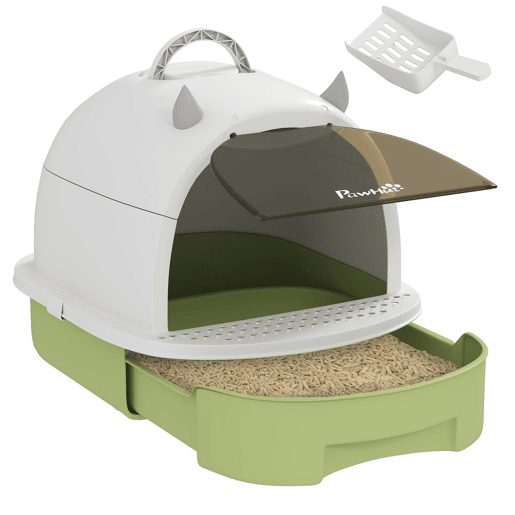 PawHut Caixa de Areia para Gatos Fechada Caixa de Areia para Gatos com Tampa e Bandeja Amovíveis Filtro de Carvão e Pá 40,5x52x39 cm Branco e Verde