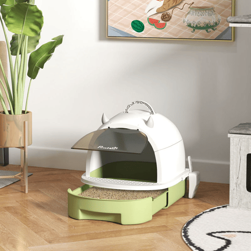 PawHut Caixa de Areia para Gatos Fechada Caixa de Areia para Gatos com Tampa e Bandeja Amovíveis Filtro de Carvão e Pá 40,5x52x39 cm Branco e Verde