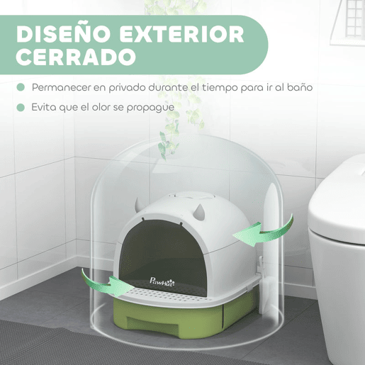PawHut Caixa de Areia para Gatos Fechada Caixa de Areia para Gatos com Tampa e Bandeja Amovíveis Filtro de Carvão e Pá 40,5x52x39 cm Branco e Verde