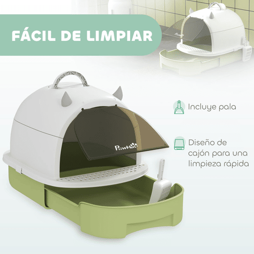 PawHut Caixa de Areia para Gatos Fechada Caixa de Areia para Gatos com Tampa e Bandeja Amovíveis Filtro de Carvão e Pá 40,5x52x39 cm Branco e Verde